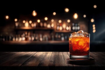 A refreshing drink with ice sits on a dark wooden surface, illuminated against a blurred bar backdrop with warm bokeh lights