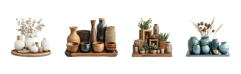 Assorted ceramic vases and decorative items on wooden trays.