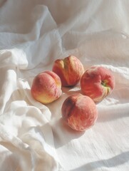 Serene display of four ripe peaches on crumpled white fabric surface captured naturally