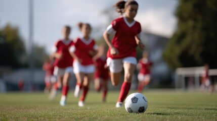 teenage girls soccer team in red uniforms is energetically running towards soccer ball on grassy field, showcasing teamwork and determination