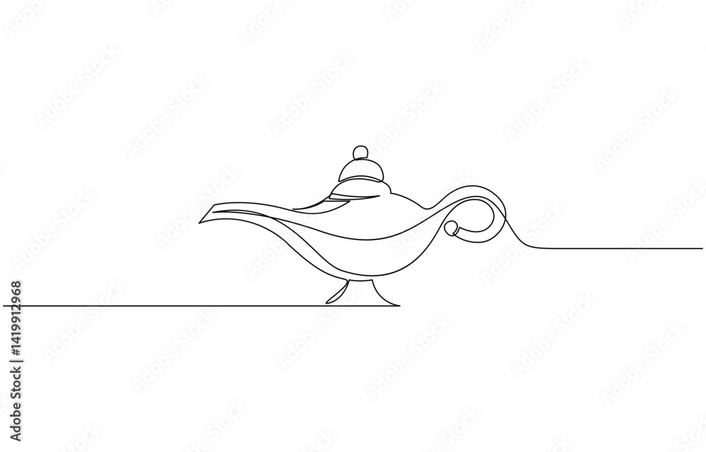 Fototapete continuous line of aladin's lamp. single line of classic aladdin lamp vector, gin lamp one line vect