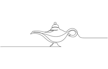Continuous line of aladin's lamp. single line of classic aladdin lamp vector, Gin lamp one line vector design flat vector icon, vintage aladin teapot continuous line on white.