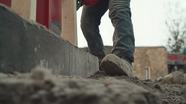 Construction worker leveling foundation for building site. Featuring precision and focus