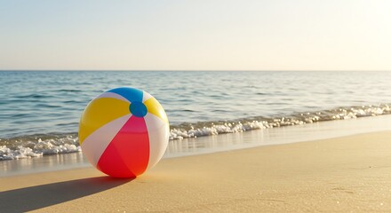 Obraz premium Beach Ball on Sandy Shoreline at Seaside with Ocean Waves