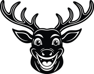 Naklejka premium jumping silhouette icon, happy deer head silhouette vector symbol, deer head silhouette, head of a deer, smiling deer cartoon character head icon on white background.