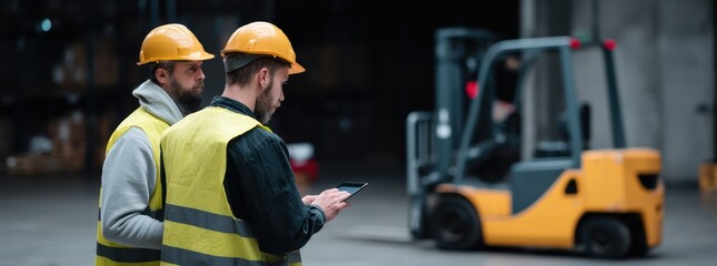 Two warehouse workers in high visibility vests and helmets are using tablet in spacious industrial setting, ensuring safety and efficiency in their tasks
