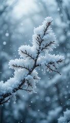 Snow-covered branch gently sways in soft winter light. AI Generated