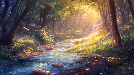 Obraz premium A crystal-clear stream flowing through a forest glade, with soft light illuminating the surroundings.