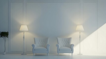 Interior design with white armchairs and floor lamp