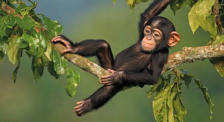 A young chimpanzee sitting casually on a tree branch relaxing