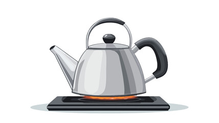 Obraz premium This digital rendering shows a stainless steel kettle placed on a black electric stove. The kettle's metal surface is highly glossy and reflective.