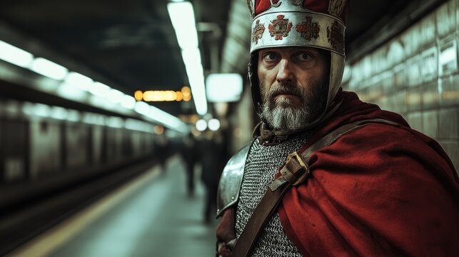 A medieval nobleman in full regalia, confusedly staring at a modern subway station.