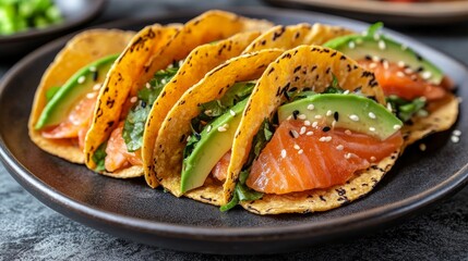 The green plate holds a tasty and fresh meal of spicy tuna tacos, complete with cucumber, sesame seeds, and red food