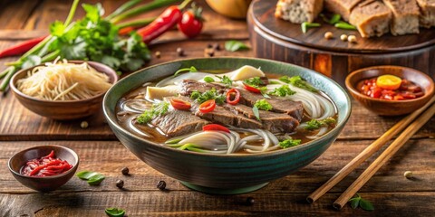 Savory Beef Noodle Soup with Fresh Herbs and Chili Garnish in a Rustic Bowl