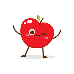 Cute red apple cartoon character with winking eye, showing a Excited pose. Perfect for kids illustrations, healthy food designs, or educational materials. Isolated on white background with soft shadow