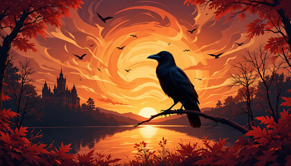 Autumn Enchantment: Silhouetted Raven, Castle, and Swirling Sunset Colors Create a Mystical, Atmospheric Scene.