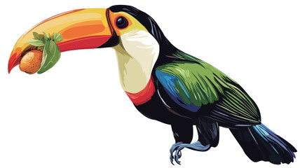 Fototapeta premium This digital illustration shows a toucan, rendered in highly saturated tones. The bird's feathers are rendered in great detail.