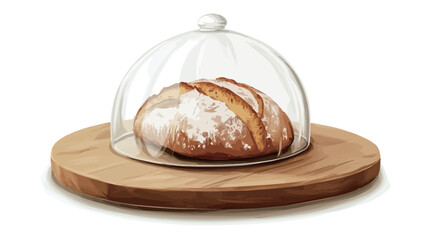 A high angle close-up of a loaf of artisan bread on a round wooden board. The bread is golden brown with a visible texture on the surface.