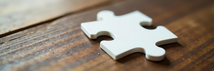 White puzzle piece gently placed on wooden surface Close-up , calm, activity