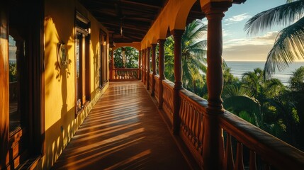 A beautiful architectural balcony overlooking the ocean at sunset