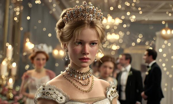 A young woman adorned with a crown and jewels at a formal event. People gather in the background, with ambient lighting