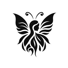 Black silhouette vector of a butterfly with wings forming a woman’s face, elegant logo design on white background