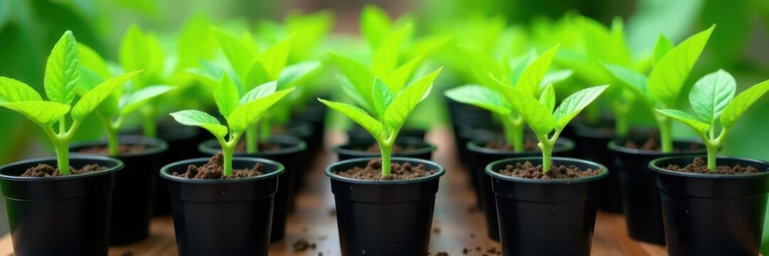 Vibrant green tomato seedlings in black plastic pots, ready for garden , greenhouse, nursery, ready to plant