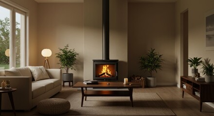 Fototapeta premium Cozy Living Room with Fireplace, Illustration