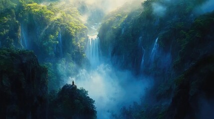 Obraz premium A distant waterfall cascading down into a mist-filled valley, surrounded by dense jungle.