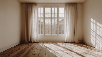 Obraz premium Bright sunlight fills an empty room that features a hardwood floor and a large window, making the space feel clean and homey with its rays