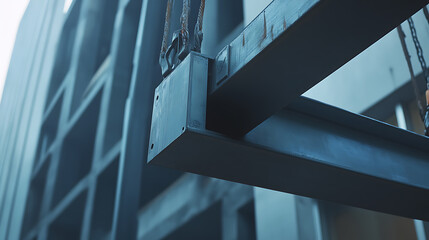 Fototapeta premium Construction worker lifting steel beams for building. Featuring strength and focus