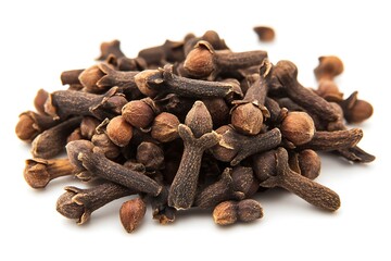 Fototapeta premium Pile of Dried Brown Cloves on White Background Closeup Still life