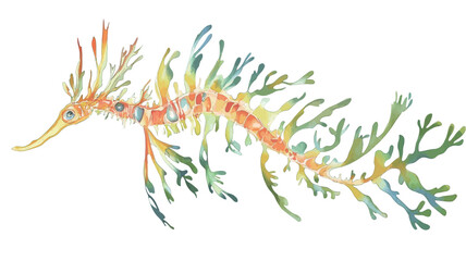 Obraz premium A watercolor digital rendering of a brightly colored, translucent leafy sea dragon.