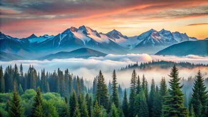 Fototapeta premium Majestic Sunrise Over Fog-Shrouded Coniferous Forest and Snow-Capped Mountain Peaks