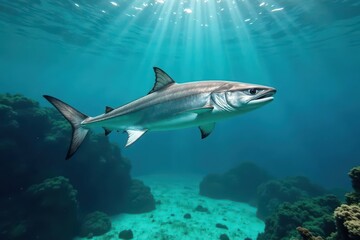 Fototapeta premium Silver barracuda shoal, turquoise ocean depths, wild, school