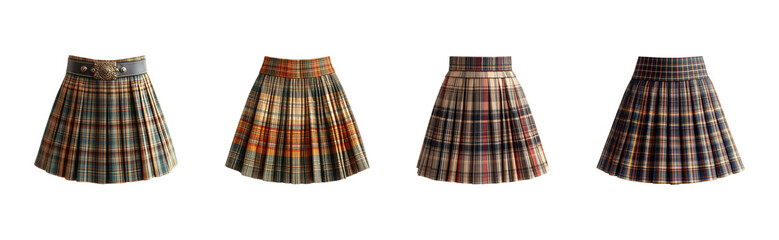 Pleated plaid skirts in various colors.