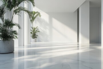 The hardwood floor is illuminated by sunlight streaming through the window, creating a peaceful room with a well-designed interior and shadows of plants