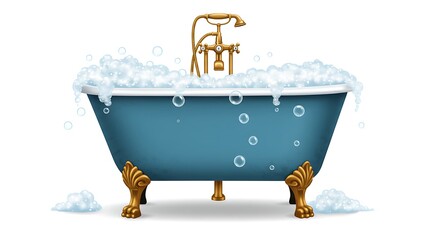 Vintage Bathtub Filled with Bubbles and Golden Faucet