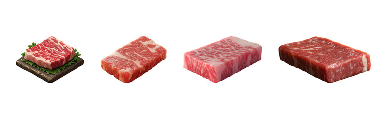 Raw beef steaks displayed for sale.