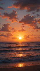 Obraz premium Golden sunrise paints tranquil ocean waves with warm hues. AI Generated