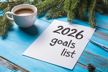 New Year's resolution, written 2026 goals list, coffee cup on the table, New Year concept