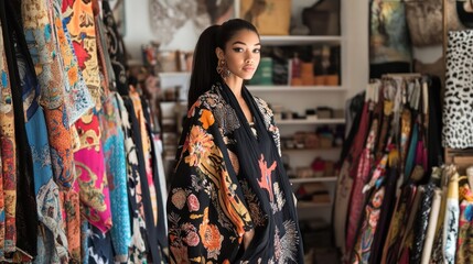 Fototapeta premium Woman in Colorful Attire Surrounded by Textiles