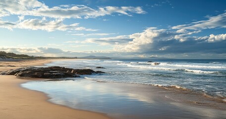A scenic view of a sandy beach and ocean waves