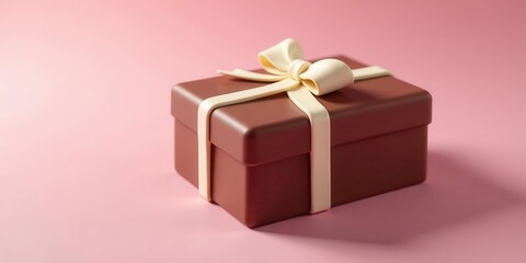 Obraz premium A Beautifully Wrapped Brown Gift Box with a Delicate Cream Ribbon on a Soft Pink Background