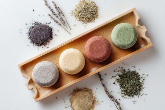Natural solid shampoo bars arranged on a wooden tray.