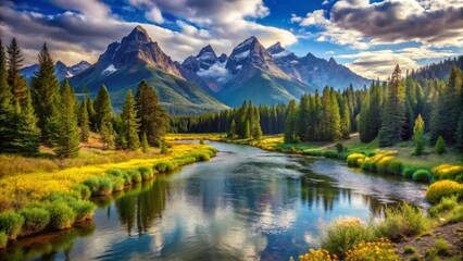 Serene River Reflecting Majestic Mountains and Lush Green Forest Under a Cloudy Sky