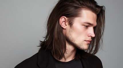 Profile portrait of a handsome young man with long flowing brown hair