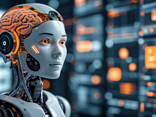 Futuristic AI Robot with Visible Brain