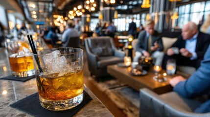 Elegant modern bar or lounge with people enjoying drinks and socializing in a warm, ambient lighting setting