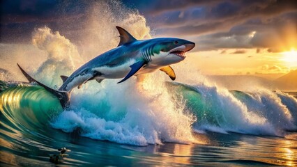 Obraz premium Majestic Shark Leaps Through a Golden Ocean Wave at Sunset
